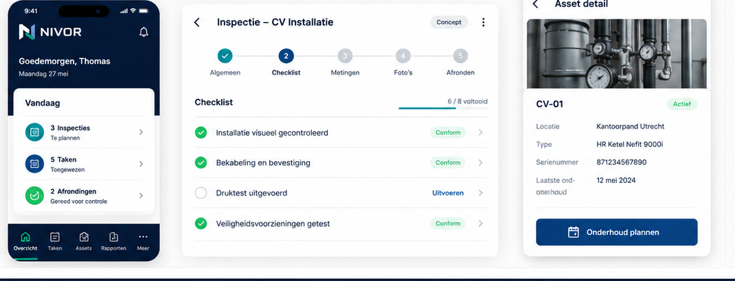 Nivor app interface voor inspecties en asset detail